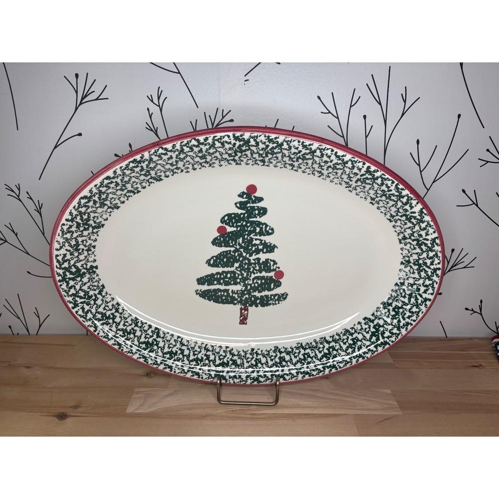 Furio Christmas Tree Serving Platter Oval Ceramic Italy Holiday Red Green 16in